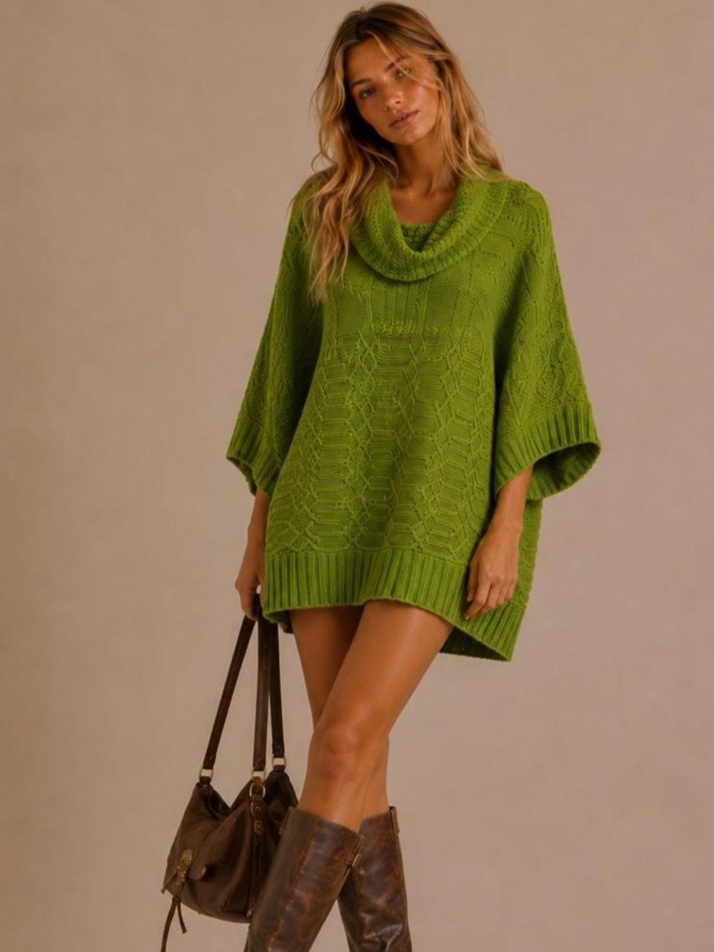 Green Cable-Knit Cowl Neck Women's Sweater